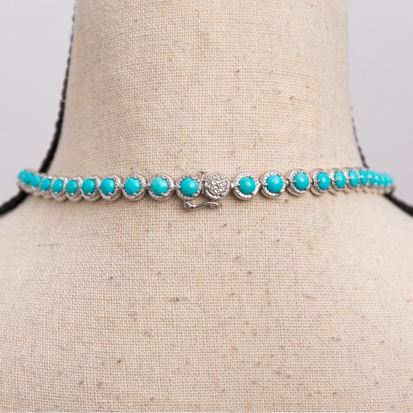 Luxury turquoise tennis necklace diamond cut sterling silver 18” - Picture 2 of 15